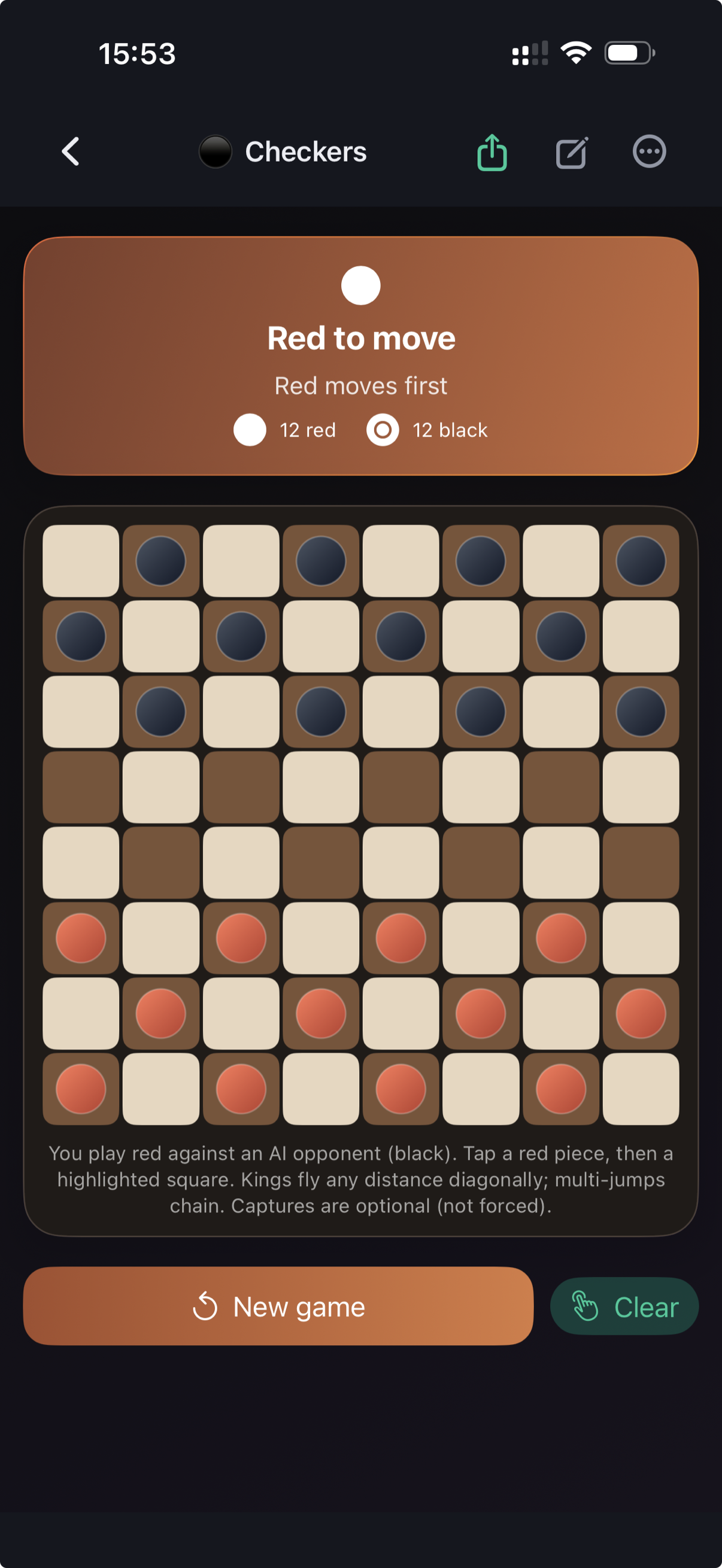 Checkers module rendered natively on iPhone - full board with red and black pieces, 'Red to move' status card, and New game controls