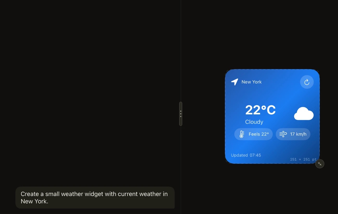 A prompt for a small weather widget and the generated widget in the Preview
