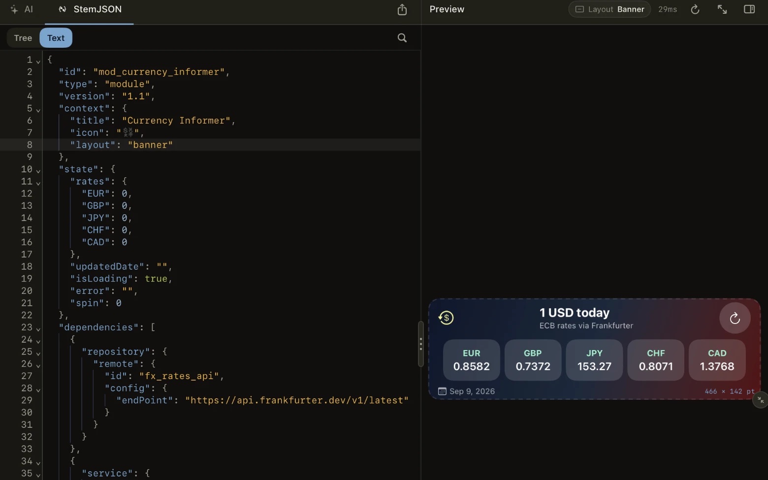 The StemJSON text editor with the currency module beside its banner preview