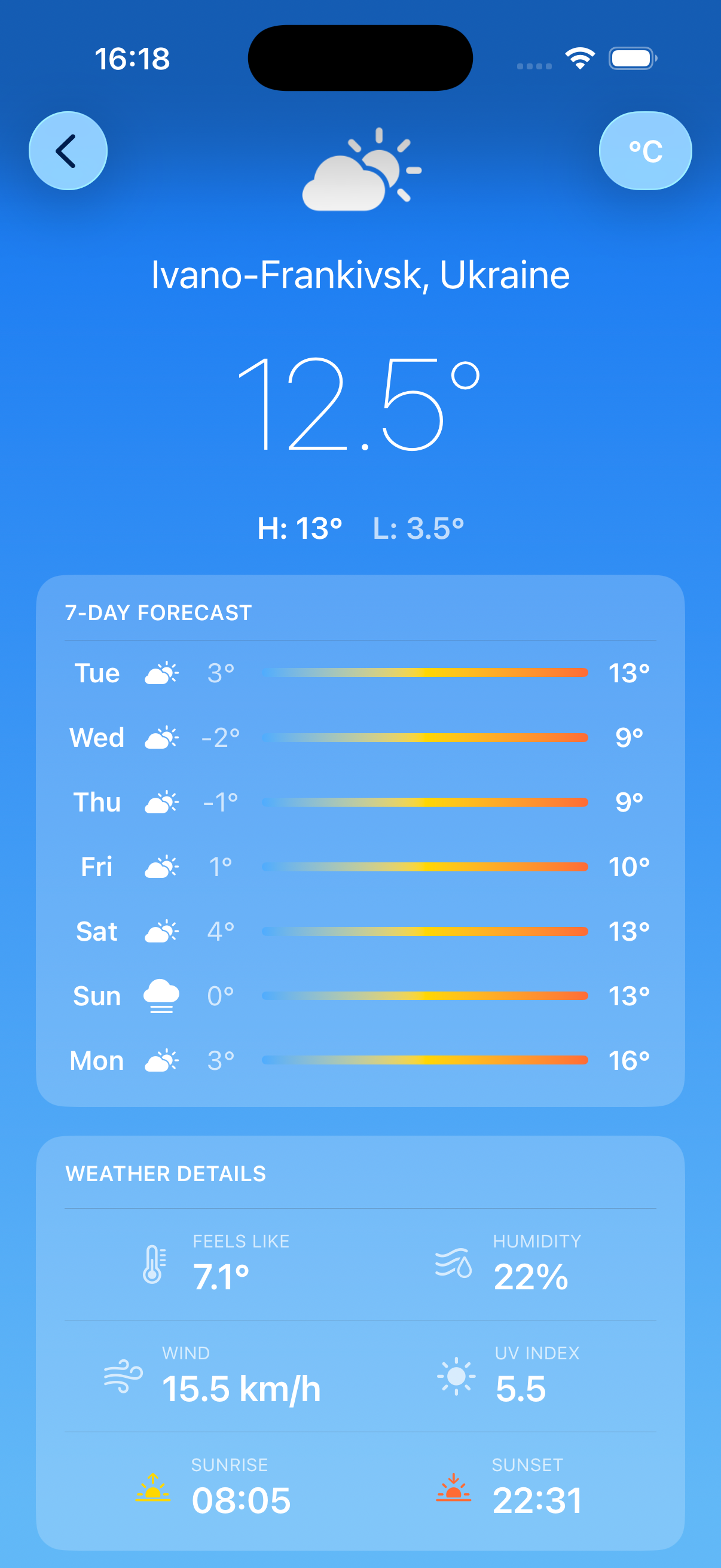 Weather module rendered natively on a mobile device - 12.5° in Ivano-Frankivsk with 7-day forecast and details